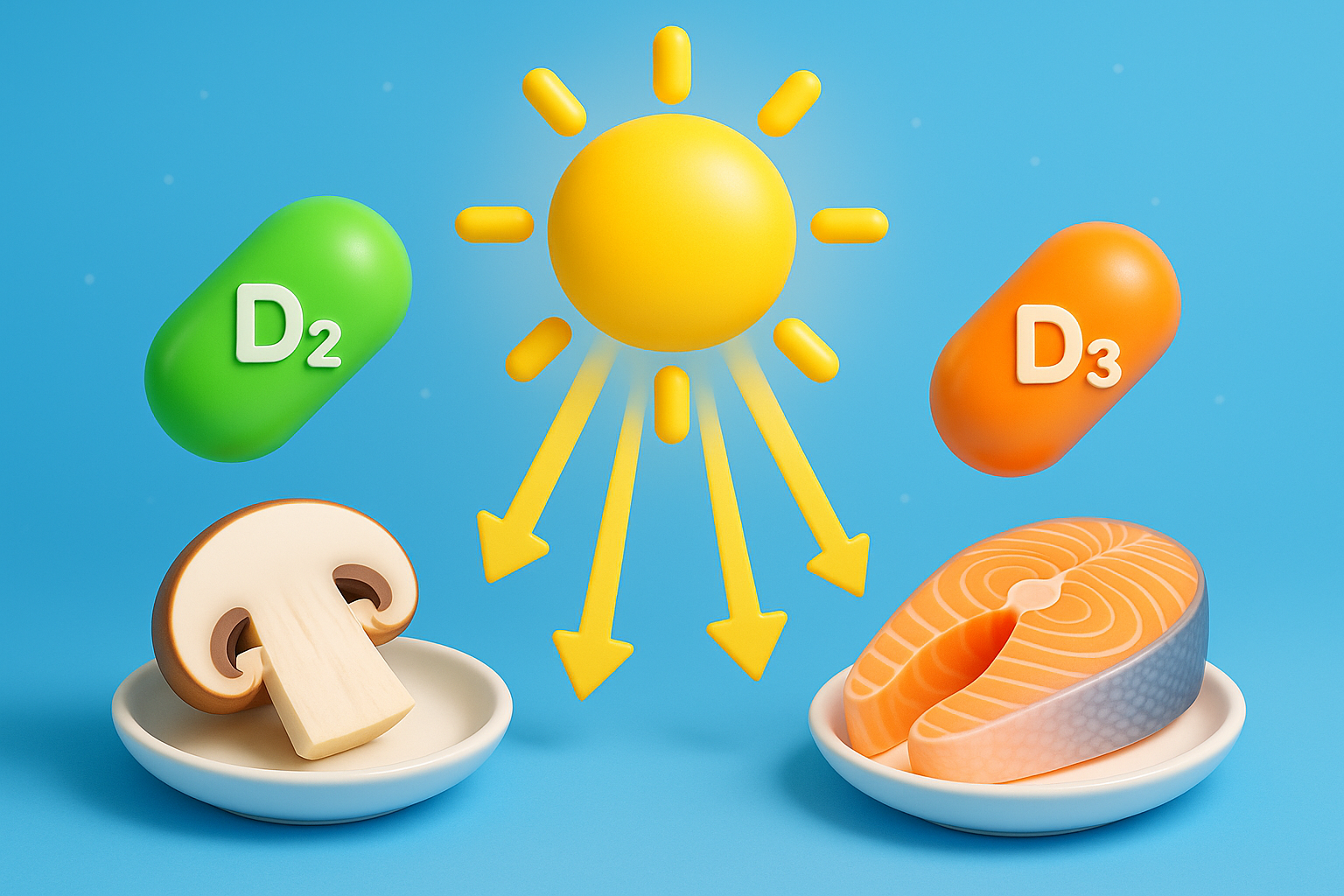 Vitamin D2 từ thực vật và Vitamin D3 từ ánh nắng và thực phẩm động vật